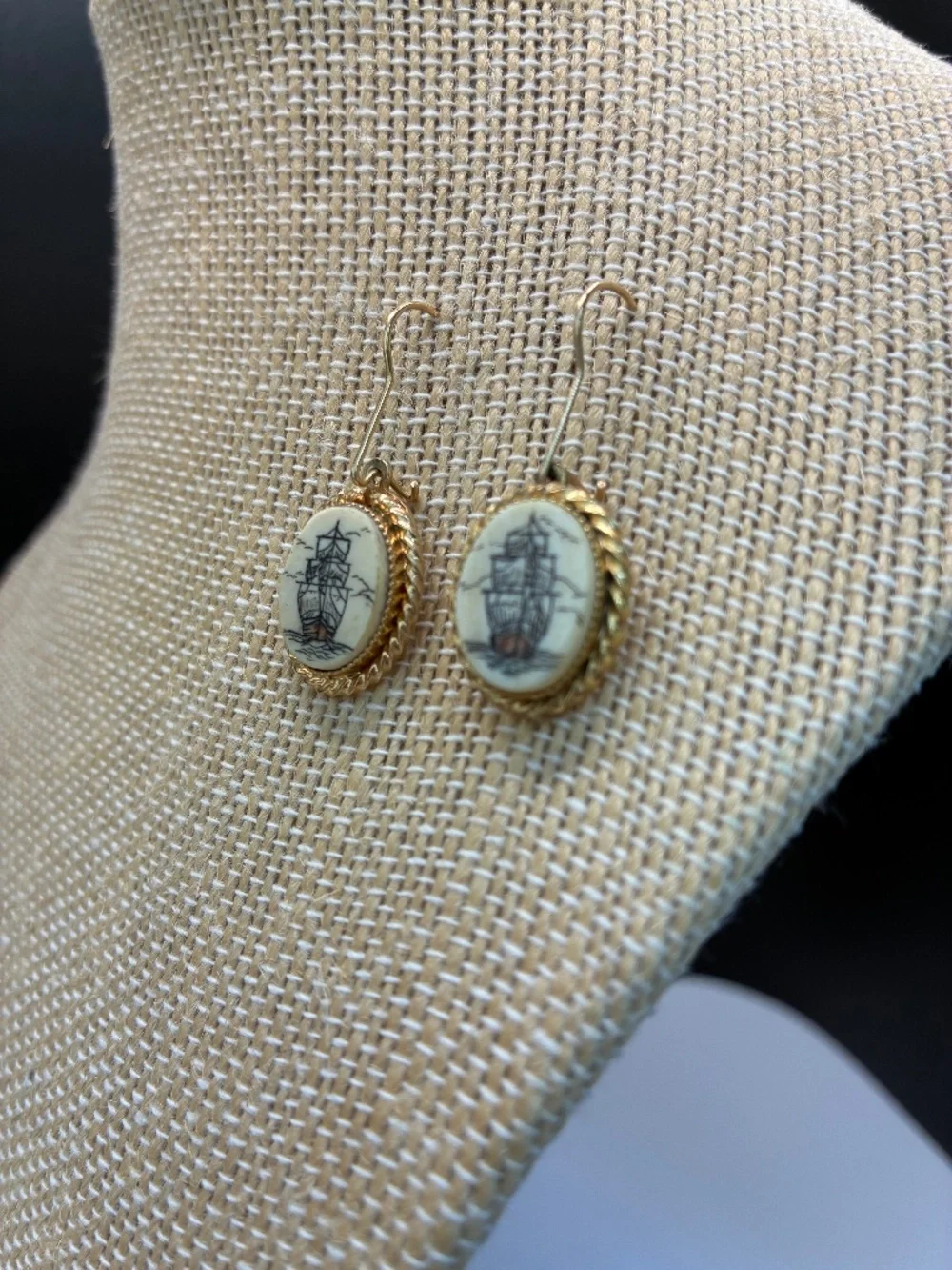 Vintage Gold-Tone Scrimshaw Nautical Ship Dangle Earrings